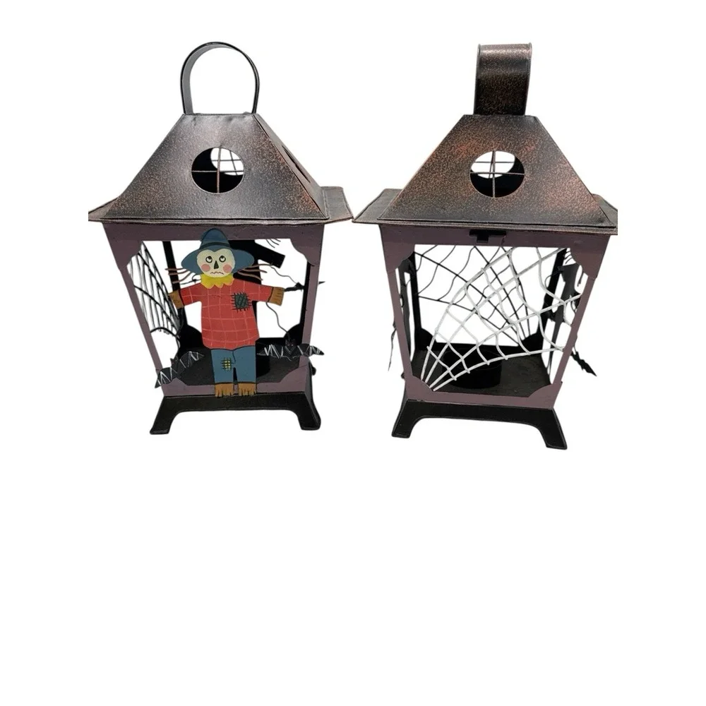 2- Halloween Lantern Tealight Candle Holder Scarecrow & Bats Hollow‎ Metal Cage